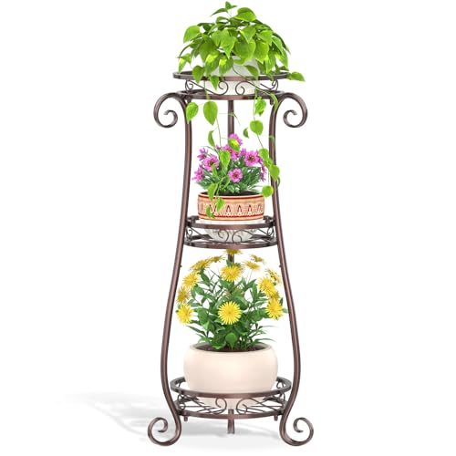 LASZOLA 3 Tier Bronze Metal Plant Stand for Multiple Large Planters Indoor Outdoor Organizer, Heavy Duty Tall Flower Stand for Corner Patio Bathroom Office, Modern Sturdy Vertical Iron Rack, Cat Proof - color: Bronze, size: 3 Tier