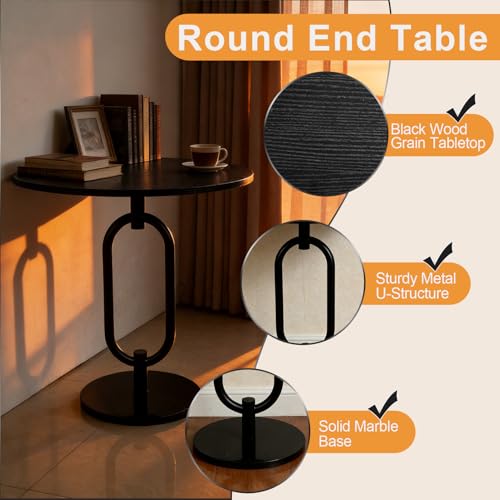 Black Round Side Table 17" x 19" Heavy Duty Metal Pedestal Matel Base Accent Table for Small Spaces Modern End Table for Living Room, Bedroom, Beside Sofa or Couch – Easy Assembly - color: Black-u