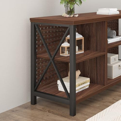 LVB Walnut TV Stand for 65 Inch TV, Industrial Wood and Metal Entertainment Center with Storage Shelf, Modern Television Media Console Table with Cabinet for Living Room Bedroom, Walnut, 55in - color: Walnut