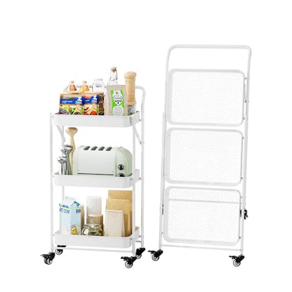 JAQ Foldable Rolling Cart, 3-Tier No Assembly Metal Utility Cart with Handle, Heavy Duty Folding Storage Trolley Organizer on Wheels for Kitchen, Office, Craft Art, Baby Diaper, Snacks, Books, White - color: White /3-tier