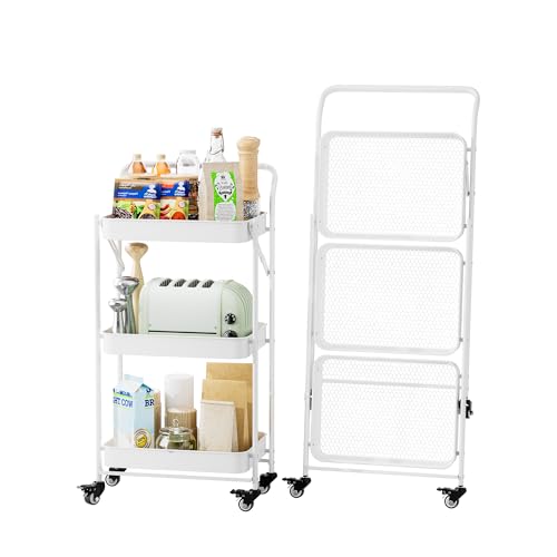 JAQ Foldable Rolling Cart, 3-Tier No Assembly Metal Utility Cart with Handle, Heavy Duty Folding Storage Trolley Organizer on Wheels for Kitchen, Office, Craft Art, Baby Diaper, Snacks, Books, White - color: White /3-tier