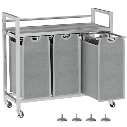 SwaaVee Laundry Sorter, Laundry Hamper 3 Section, 3×11.4Gal, Metal Frame Rolling Laundry Basket with Wooden Top Shelf, Pull out and Removable Laundry Bags, 3 Bags-Gray - color: Grey