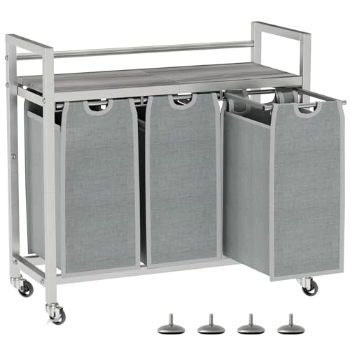 SwaaVee Laundry Sorter, Laundry Hamper 3 Section, 3×11.4Gal, Metal Frame Rolling Laundry Basket with Wooden Top Shelf, Pull out and Removable Laundry Bags, 3 Bags-Gray - color: Grey