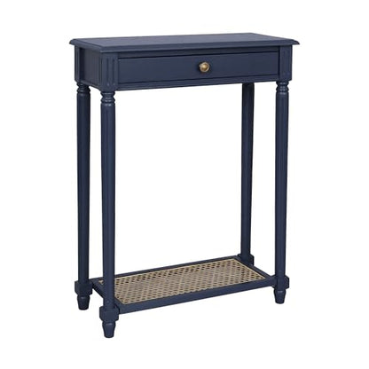 East at Main Lenora Navy Narrow Console Table for Entryway with Drawer | 23.75-inch slim hallway table with cane shelf, solid wood frame, navy finish, traditional furniture for small spaces - color: Navy