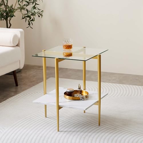 LumFurn Square Glass End Table, Mid-Century Modern Design Sofa Table, for Living Room, L18 x W18 x H23, Clear Glass Top and White Marble MDF Shelf, Sleek Conical Metal Legs with Gold Finish - color: Clear & White Marble, size: L18" Square End Table