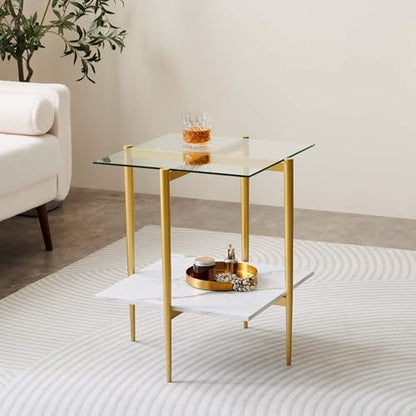 LumFurn Square Glass End Table, Mid-Century Modern Design Sofa Table, for Living Room, L18 x W18 x H23, Clear Glass Top and White Marble MDF Shelf, Sleek Conical Metal Legs with Gold Finish - color: Clear & White Marble, size: L18" Square End Table