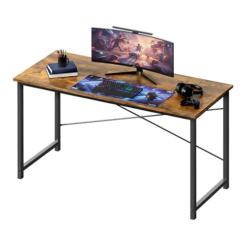 Sweetcrispy Small Computer Desk, 55" Office Writing Desk with Metal Frame & Wooden Tabletop, X-Shaped Reinforcement, Student Study Home Bedroom Table, Brown - color: Rustic Brown, size: 55-Inch
