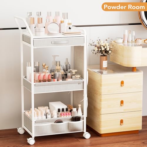 BBLIKE 3-Tier Diaper Caddy Organizer - Rolling Utility Baby Cart with Drawer and Side Pockets for Nursery and Baby Essentials, Multi-Function Cart for Bedroom and Bathroom, White - style: Drawer-White