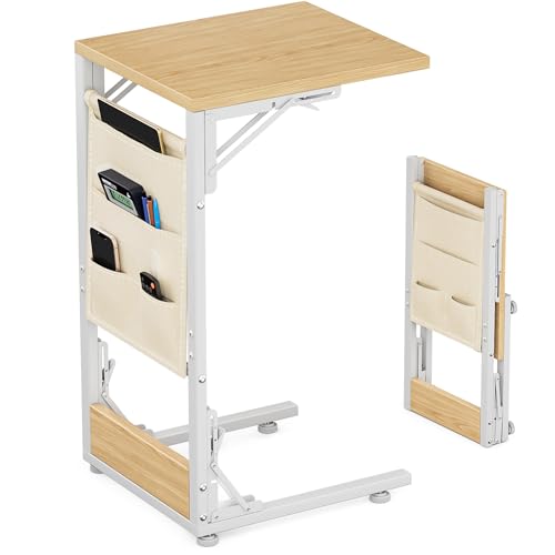 Folding TV Tray Table, Small Folding Side Table with Storage Bag, Portable C Shaped End Table for Couch Sofa Bed, Light Walnut - color: Light Walnut, size: 11.8" x 15.7" x 28.8"