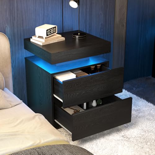 LED Nightstand, Modern Black Night Stand End Tables with APP & Remote Control LED Lighting, 2 Drawers, Open Shelf Storage, Bedside Tables for Bedroom & Living Room