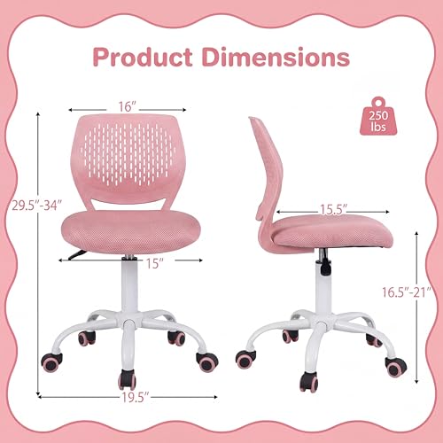 Costzon Kids Desk Chair, Armless Height Adjustable Kids Computer Chair w/Elastic Sponge Filling, Ergonomic Backrest & Stable 5-Point Wheels, Children Rolling Swivel Chair for Studyroom (Pink) - color: Pink