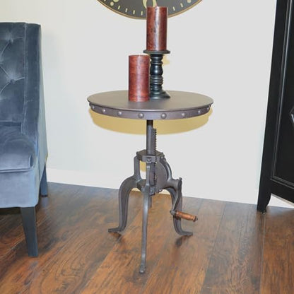Carolina Chair & Table Adjustable Hand Crank 18" Wooden Top Rustic Side Table - Cast Iron Base Round Accent Table for Farmhouse, Living Room, or Bedroom (Industruial) - color: Industruial