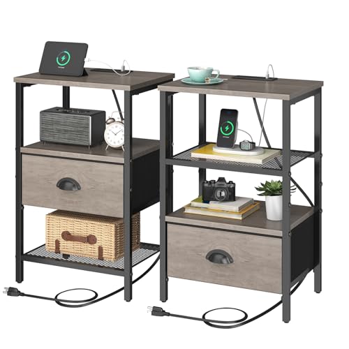 sthmec Nightstands Set of 2, Night Stands with Charging Station and Fabric Drawer, Grey Bedside Tables with Drawers, 2- Tier Side Table with Storage, Nightstands with Charging Station,Grey - color: Grey, style: Power