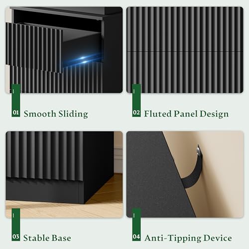 Xixini Nightstand with Charging Station and RGB LED Lights, Fluted 3-Drawer Bedside Table with Sliding Top, Wooden End Table for Bedroom, Living Room, Black - color: Black