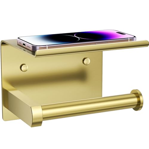 Tindbea Toilet Paper Holder with Phone Shelf, Adhesive or Screw Wall Mount Toilet Tissue Roll Holder, Rustproof & Multifunctional Stainless Steel Bathroom Storage Dispenser (Brushed Gold) | Heavy Duty Stainless Steel Brushed Gold - color: E-brushed Gold