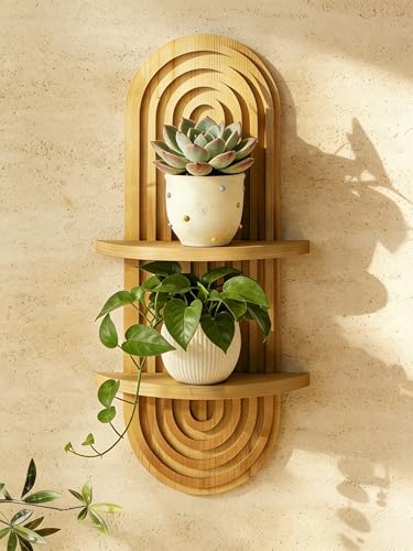 Bamworld Boho Wall Decor Plant Wall Shelf Wood Plant Holder Natural | Mid Century Modern Decor Hanging Plant Shelf Wooden Floating Shelves for Home Bedroom Living Room Holding Planter Decoration - color: Natural, size: 16.7'' -1 Pcs