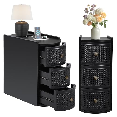 Narrow End Table Set of 2, Metal Rattan Side Table with Storage, Narrow Charging Nightstand with 3 Drawer for Bedroom Bedside, Living Room Couch Sofa, Desk Side Table for Small Spaces - Black - size: Drawer Black-set