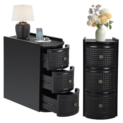 Narrow End Table Set of 2, Metal Rattan Side Table with Storage, Narrow Charging Nightstand with 3 Drawer for Bedroom Bedside, Living Room Couch Sofa, Desk Side Table for Small Spaces - Black - size: Drawer Black-set
