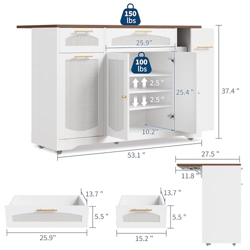IDEALHOUSE 53.1" Rattan Kitchen Island with Storage, Rolling Dining Cart with Trash Storage Cabinet, Mobile Island Cart with Drop Leaf, Adjustable Shelves, Drawer, 5 Wheels (White) - color: White