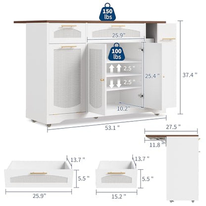 IDEALHOUSE 53.1" Rattan Kitchen Island with Storage, Rolling Dining Cart with Trash Storage Cabinet, Mobile Island Cart with Drop Leaf, Adjustable Shelves, Drawer, 5 Wheels (White) - color: White