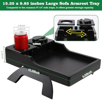 GHKINMAL Couch Cup Holder Tray, 15.4"x9.9" Large 4 in 1 Couch Arm Tray with 360°Rotated Phone Holder, Non-Slip Clip on Side Table for Drinks/Remote/Snacks, Ideal Gift for Husband, Wife, Parents - color: Black