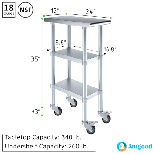 AmGood Stainless Steel Work Table with 2 Shelves and Casters | Metal Utility Table On Wheels (Stainless Steel Work Table with 2 Shelves + Casters, 12" Long x 24" Deep) - size: 12" Long x 24" Deep