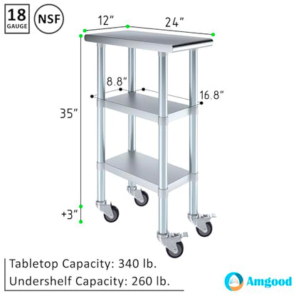 AmGood Stainless Steel Work Table with 2 Shelves and Casters | Metal Utility Table On Wheels (Stainless Steel Work Table with 2 Shelves + Casters, 12" Long x 24" Deep) - size: 12" Long x 24" Deep