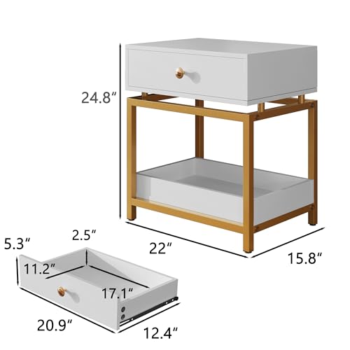 Night Stand Farmhouse Nightstand with Gold Metal Frame, Bedside Table with Drawer and Open Shelf, Sofa Side Table End Table for Bedroom, Living Room,White Yellow, 1 Pack - color: White 22"