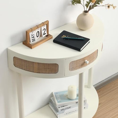 Wnutrees Rattan Half Moon Console Table, Modern Entryway Table with Drawer, Boho Sofa Table with Bottom Storage Shelf, Small Semicircular Tables for Hallway, Living Room, White - color: White
