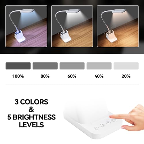 AXX White LED Desk Lamp with USB Charging Port, Flexible Gooseneck Table Light, 650LM, Phone Mount, Pen Holder, Timer Settings, Study Essentials for College Dorm Room Home Office Bedroom - color: White