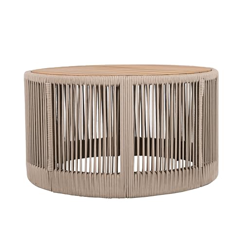 Christopher Knight Home Peyz Acacia Wood Outdoor Side Table Set of 2 with Woven Rope Design, Patio Round Coffee Table Set with Small Side Desk, Functionality Stylish 2 Tables for Garden, Teak + Beige