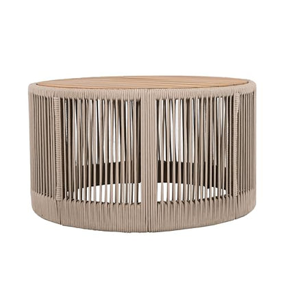 Christopher Knight Home Peyz Acacia Wood Outdoor Side Table Set of 2 with Woven Rope Design, Patio Round Coffee Table Set with Small Side Desk, Functionality Stylish 2 Tables for Garden, Teak + Beige