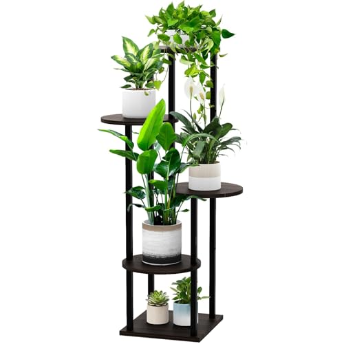 5 Tier Wood Tall Plant Stand Metal Rack Indoor, Multiple Flower Pot Holder Shelves Corner Rack, Round Planter Shelf Display Rack Storage Organizer for Patio Living Room Balcony(Black+Oak) - color: Black+Oak, size: 5 Tier