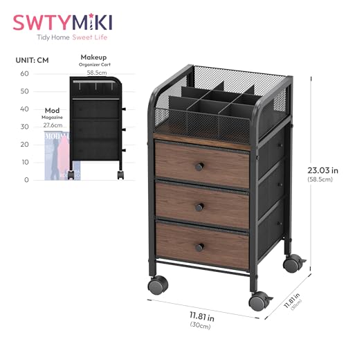 SWTYMIKI Rolling Makeup Organizer Cart - Under Desk Vanity Makeup Storage with 3 Non-woven Drawers, Nail Cart Organizer Cosmetic Display Cases Cabinet for Skin Care Perfume Nail Polish Brush Hair Tool