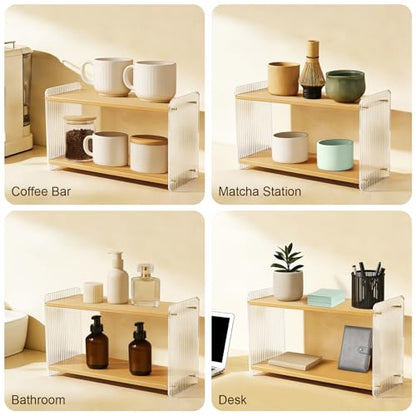 2-Tier Coffee Station Organizer, Acrylic & Pine Wood Mug Holder for Coffee Bar & Matcha Station, Easy-to-Clean Countertop Shelf, Modern Minimalist Design