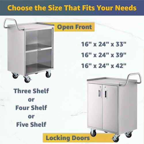 16" x 24" Stainless Steel Utility Cart with Enclosed Base and Locking Doors - 3 Shelf Heavy-Duty 18-Gauge 304 Steel Rolling Cabinet - NSF Commercial Service Cart for Kitchen, Catering, Restaurant - size: 3 Shelf