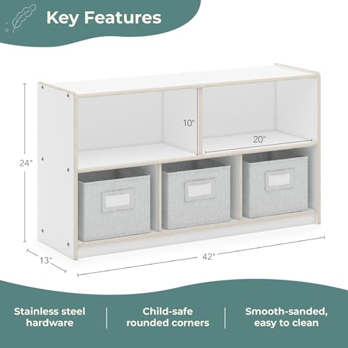 Guidecraft EdQ 5 Compartment Storage 24'' White with 3 Fabric Bins: Wooden Multi-Purpose Bookcase and Toy Organizers and Storage; Homeschool and Classroom Furniture - color: White