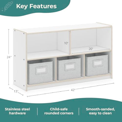 Guidecraft EdQ 5 Compartment Storage 24'' White with 3 Fabric Bins: Wooden Multi-Purpose Bookcase and Toy Organizers and Storage; Homeschool and Classroom Furniture - color: White