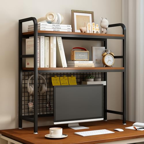 IOTXY 2-Tier Desktop Hutch Bookshelf - Metal Desk Shelf Bookcase with Grid Panel, Countertop Storage Organizer Rack for Dorm or Office, Black, 37.4" W - color: Black, size: 37.4"W