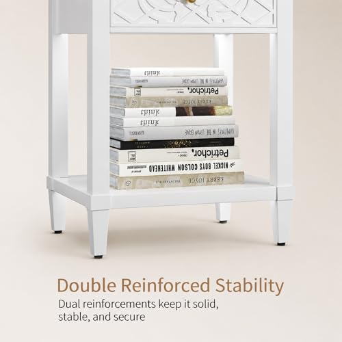26" Night Stand with Drawers, Painted Bedside Table, Solid Wood Nightstand | Pine Leg and Solid Wood Frame Nightstand, Side Table End Table for Bedroom, Carved Pattern, Pure White - color: Pure White