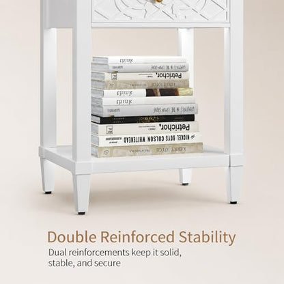 26" Night Stand with Drawers, Painted Bedside Table, Solid Wood Nightstand | Pine Leg and Solid Wood Frame Nightstand, Side Table End Table for Bedroom, Carved Pattern, Pure White - color: Pure White