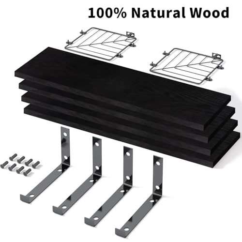 Fixwal 3+1 Tier Bathroom Floating Shelves Over Toilet, Black | Black Wood Shelf Set with Toilet Paper Storage Basket, Natural Finish, 40Lb Weight Limit, Quick Mount, Versatile - color: Black