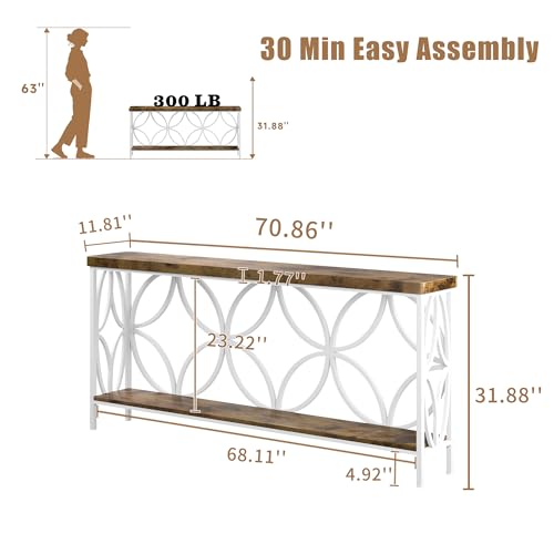 karlott 70.9 inch Extra Long Sofa Table, Industrial Console Table Behind Couch with 2 Tier Storage Shelf, Narrow Entryway Table for Entryway, Living Room, Foyer, Hallway, Unique Design, White - color: White