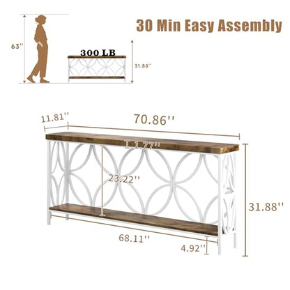 karlott 70.9 inch Extra Long Sofa Table, Industrial Console Table Behind Couch with 2 Tier Storage Shelf, Narrow Entryway Table for Entryway, Living Room, Foyer, Hallway, Unique Design, White - color: White