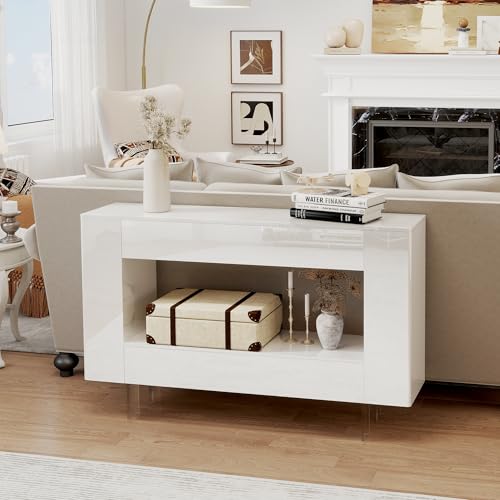 47" High Gloss Console Table with Hidden Side Storage Cabinets, White Modern Entryway Sofa Table for Behind The Couch, Living Room - color: High Gloss-white
