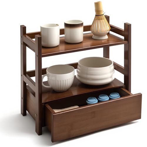Chunful 2 Tier Matcha Station Bamboo Organizer with Hidden Drawer, Wood Home Coffee Station Organizer for Kitchen Countertops, Coffee Bars, Kitchen & Office Storage(13" L x 6.5" W x 12.6" H)(Brown) - color: Brown