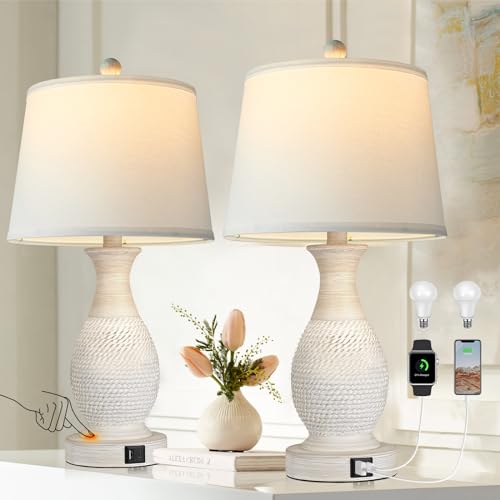 PARTPHONER Table Lamps Set of 2, Bedside Touch Lamp with USB C+A Charging Ports, Side Table Lamp with White Fabric Shade (LED Bulbs Included) - size: (No Color) 22.6" Touch Lamp
