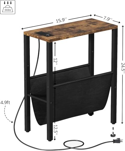 Narrow Side Table with Charging Station, Skinny Nightstand with USB Ports & Outlet, Slim Sofa Side Table with Storage Bag, Small End Table for Small Spaces, Living Room, Bedroom, Rustic Brown - color: Rustic Brown