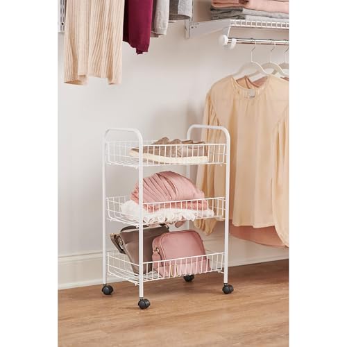 Rubbermaid 3-Tier Shelving Wheeled Organizer, Wire Adjustable Metal Storage Cart, for Office/Kitchen/Bedroom/Laundry Home Use, White - style: Storage Cart