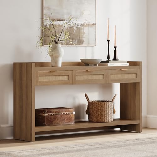 SICOTAS 60" Rattan Console Table for Entryway - Farmhouse Entry Table Sofa Table with 3 Drawers, Narrow TV Console Table with Storage for Living Room, Hallway, Couch, Foyer - color: Reclaimed Caramel Oak, size: 1 Piece